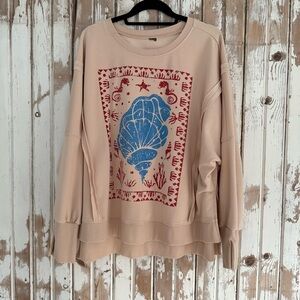 Beige Seashell Graphic Sweatshirt, XL - 1X (Oversized!!!) - has FLAW
